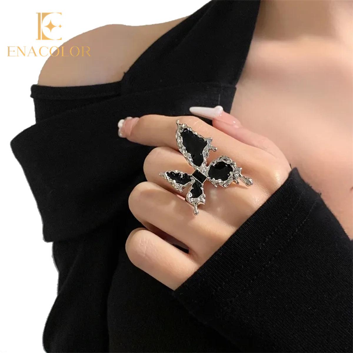 Enacolor New Fashion Cool Girl Black Butterfly Open Rings for Women Party Accessories Adjust