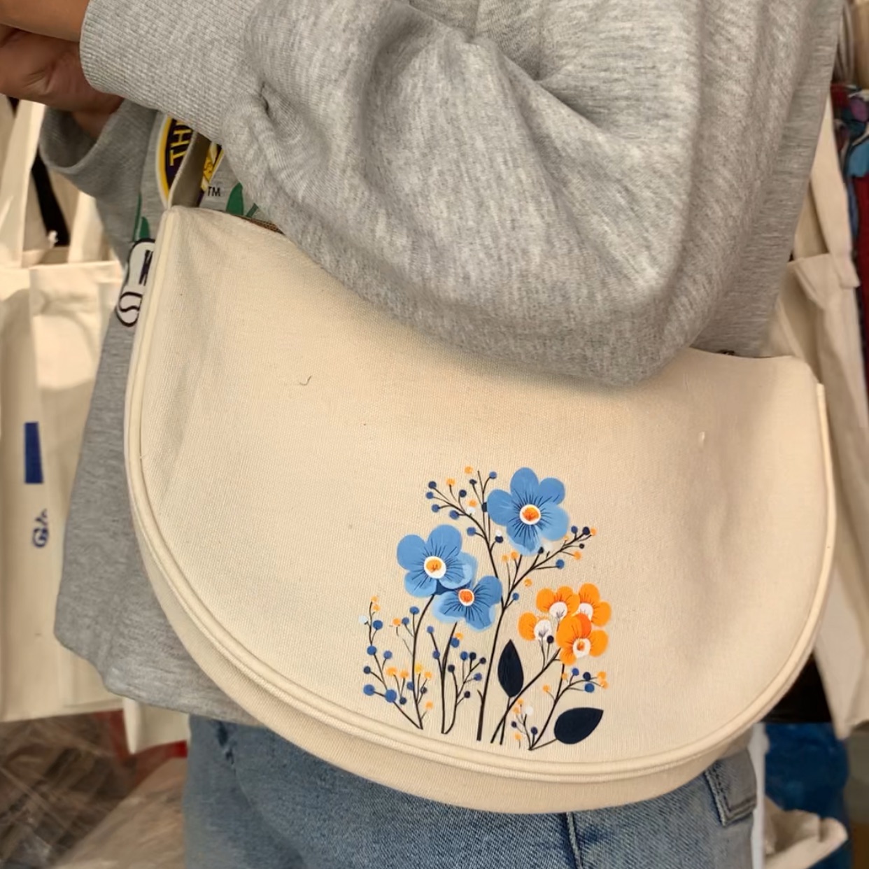 Cotton Canvas Printed Moon Bag | Dumpling Bag | Momo Bag | Unisex Bag | Crossbody Bag
