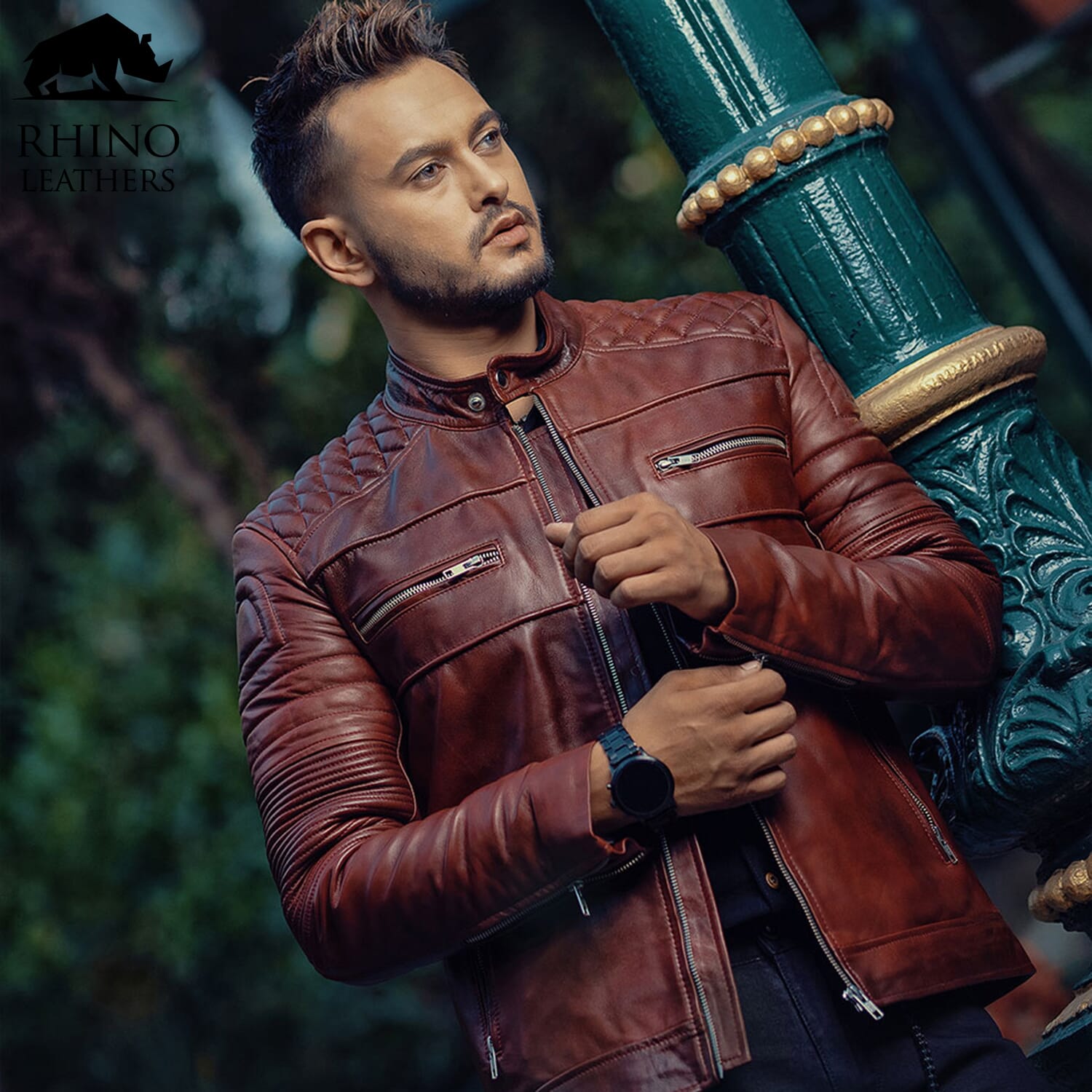 Rhino Leathers Jacket For Men All Season Sheep Leather Full Sleeves Casual Biker Style Solid Color