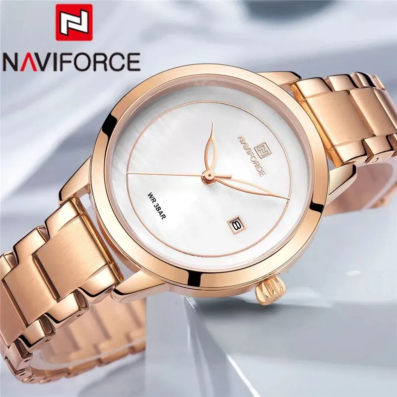 NAVIFORCE Top Brand Luxury Silver Fashion Business Casual Premium Pretty Waterproof Warranty Wristwatch Watch For Women