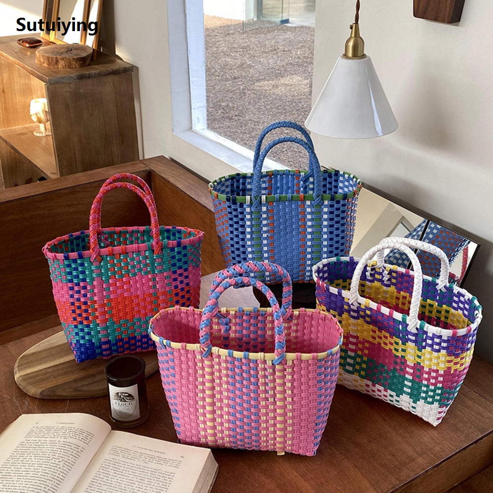 Sutuiying Handmade Basket Handbag Stylish Colorful Striped Woven Bags Patchwork Large 2025 Capacity Tote for Picnic Beach Casual Women's Accessory Travel Storage