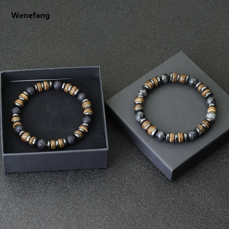 Wenefang New Vintage Men Bracelet Stone Natural Wooden Braclet Homme Hematite Tiger Eyes Braslet Coconut Bead Brazalete Pulsera Hombre