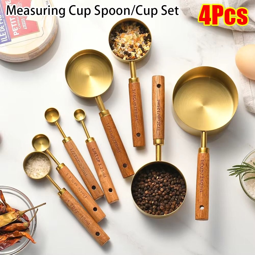 4Pcs Durable Stainless Steel Measuring Cup Spoon Wooden Handle Black Coffee Measuring Spoon 1.25-250ml Gold Silver Baking Tool Ice Cream Sugar Salt Spice