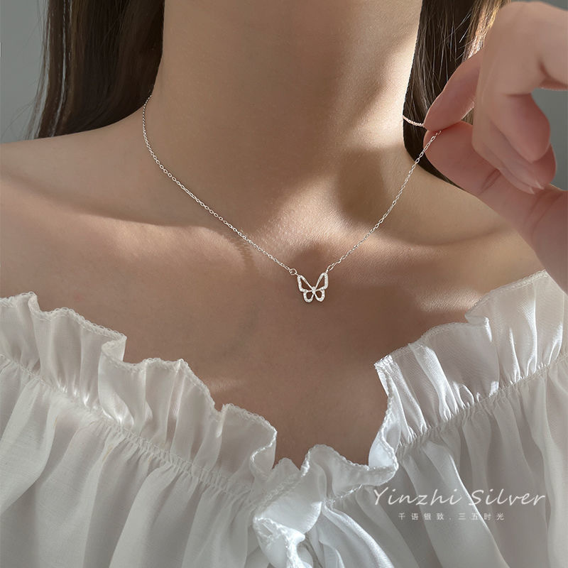 【Best Price Guaranteed】Korean-Japanese Style Simple Flash Diamond Hollow Butterfly Necklace Women's Simple Design Sense Niche Ins Style Collarbone Chain