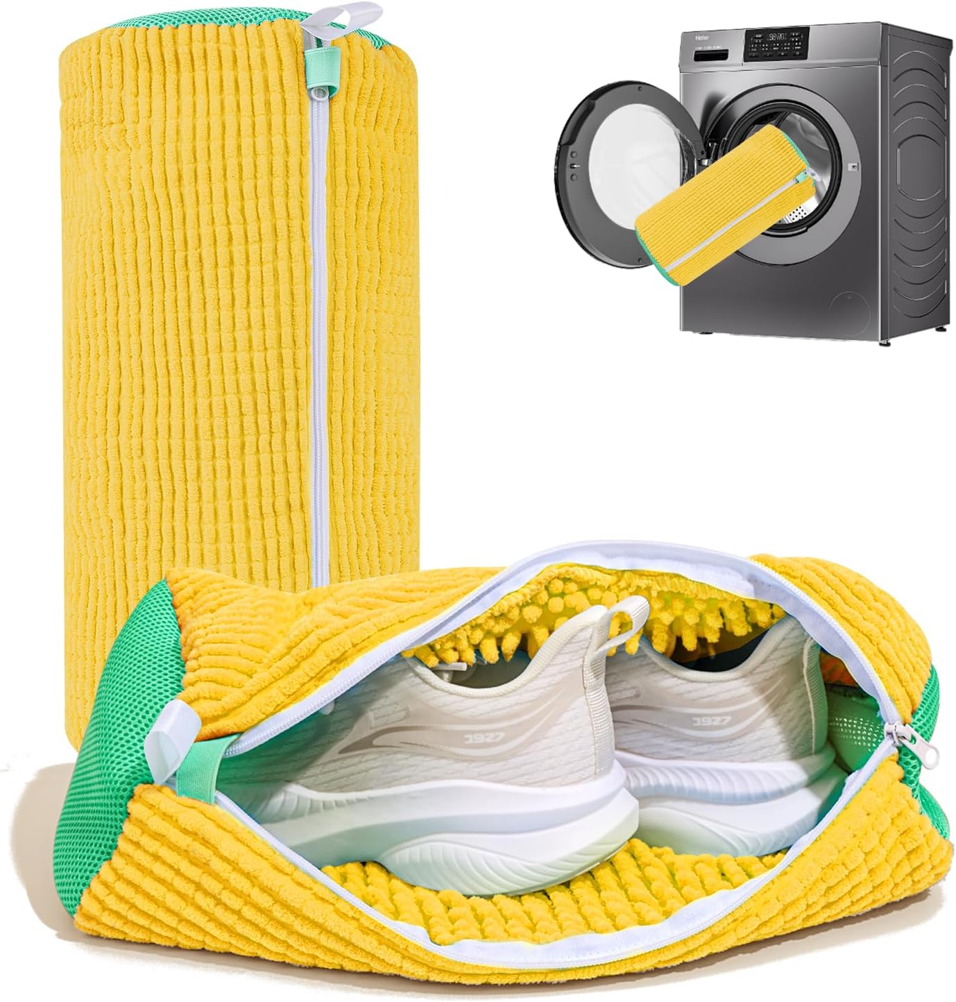 Cylinder Shoe Washing Bag - Reusable Laundry Bag with Zipper for Sneakers, Running Shoes, Socks, and Toys - Large Capacity, Travel-Friendly (Yellow)