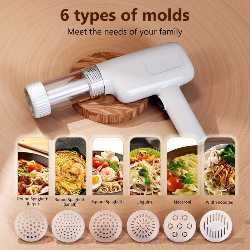 6-in-1 Cordless Handheld Pasta Maker Portable Electric Noodle hine for Homemade Ramen, Spaghetti & More Includes 6 Interchangeable Attachments - White Plastic Kitchen Tool