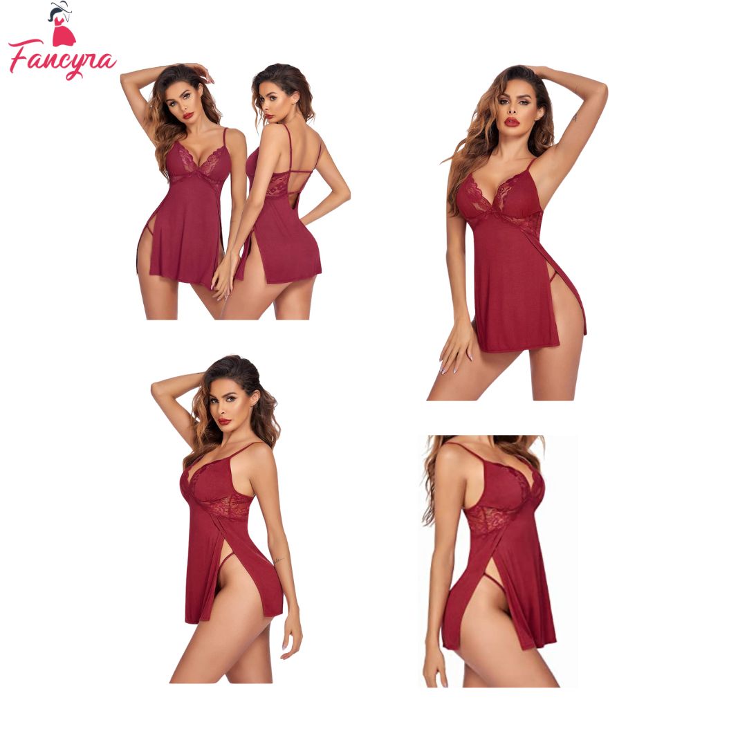 Fancyra Cotton Lingerie Lace Chemise Nightgown Babydoll Side Slit Sleepwear Free Size Wine Red Color