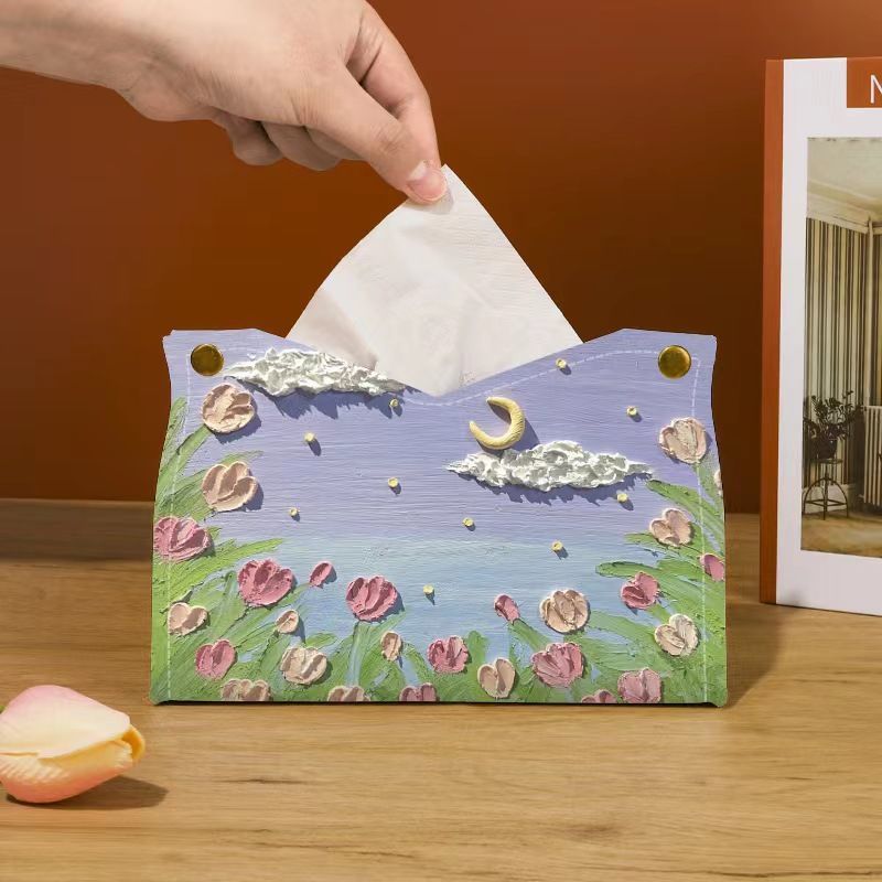 Vintage New Ins Oil Painting Flower Leather Tissue Box Living Room Paper Box Home Hotel Creative Paper Napkin Storage Decor Home Decoration