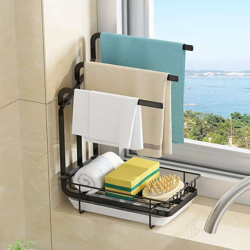 1pc Kitchen Towel Rag Household Draining Rack Free Hole Multifunction Dishcloth Storage Supplies Shelf
