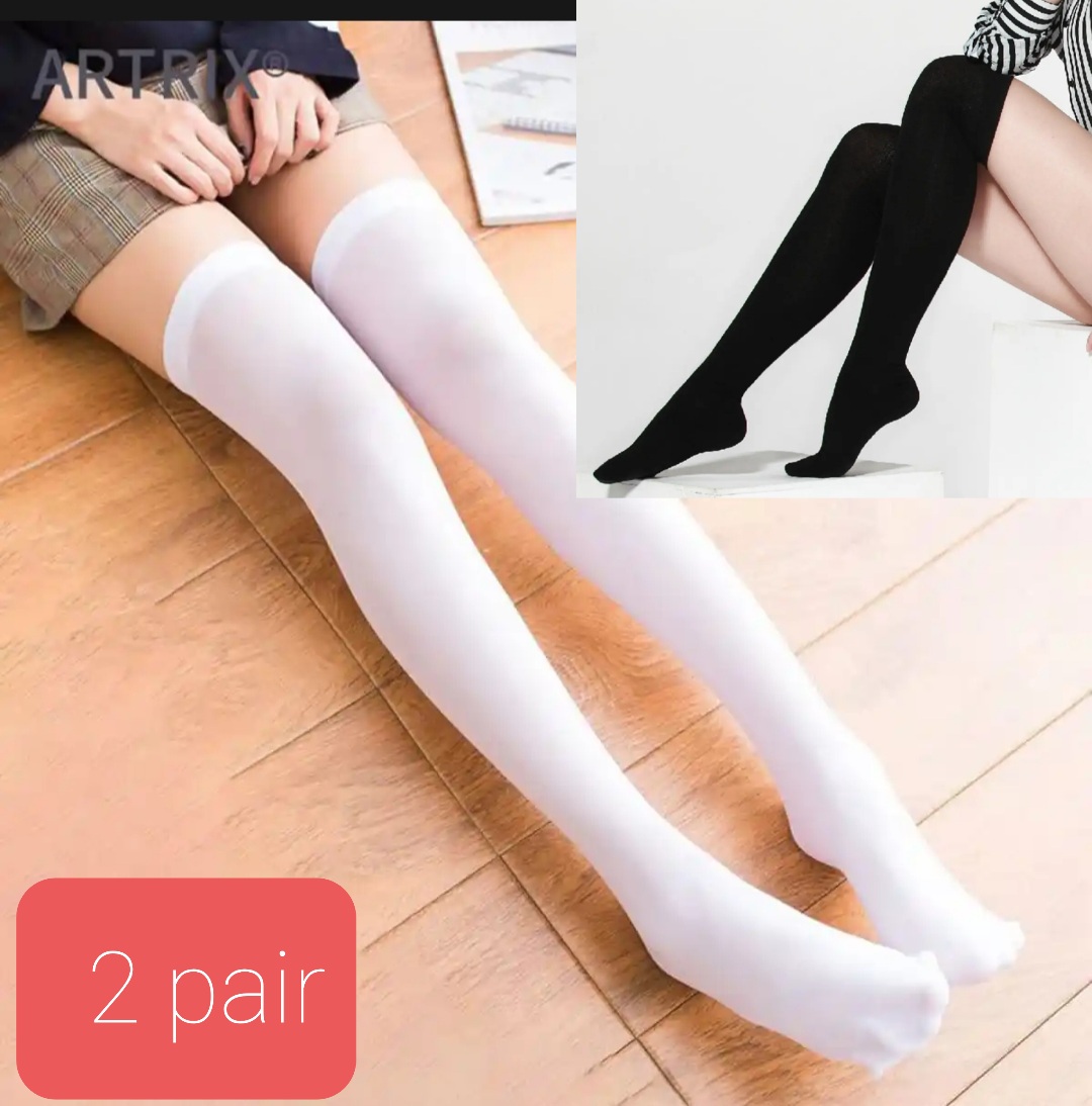 2 Pair White & Black Long Socks For Girl- Plain White& Black Long Socks For Girls