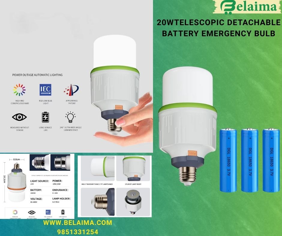 Osakaa Power 20W Emergency Energy Saving Lamp || Smart LED Rechargeable Emergency Bulb Light Retractable AC85-265V E27 Removable 18650 Battery Home Garden Outdoor Camping Bulb || Telescopic Detachable Battery Emergency Bulb || Rechargeable Light Bulb