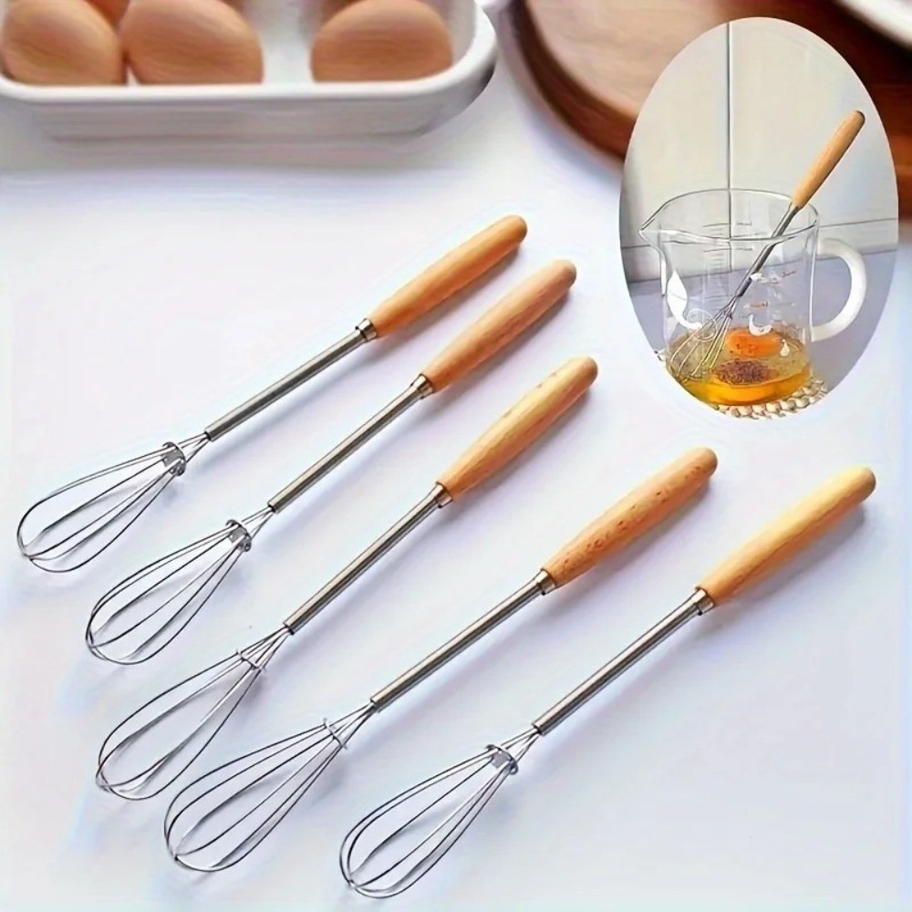 New Solid Wood Handle Kitchen Whisk Stainless Steel Wire Wire Design Milk Whipper Mini Beating Function Blending Whisk Baking