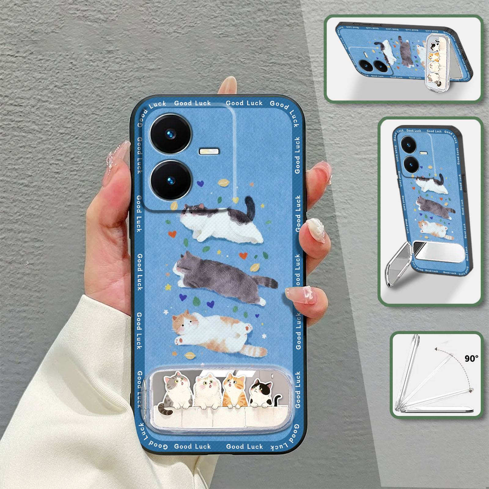 three-dimensional Kickstand Phone Case For VIVO Y22/Y22S Makeup Mirror Waterproof Anti-knock Soft case Cloth Patch TPU