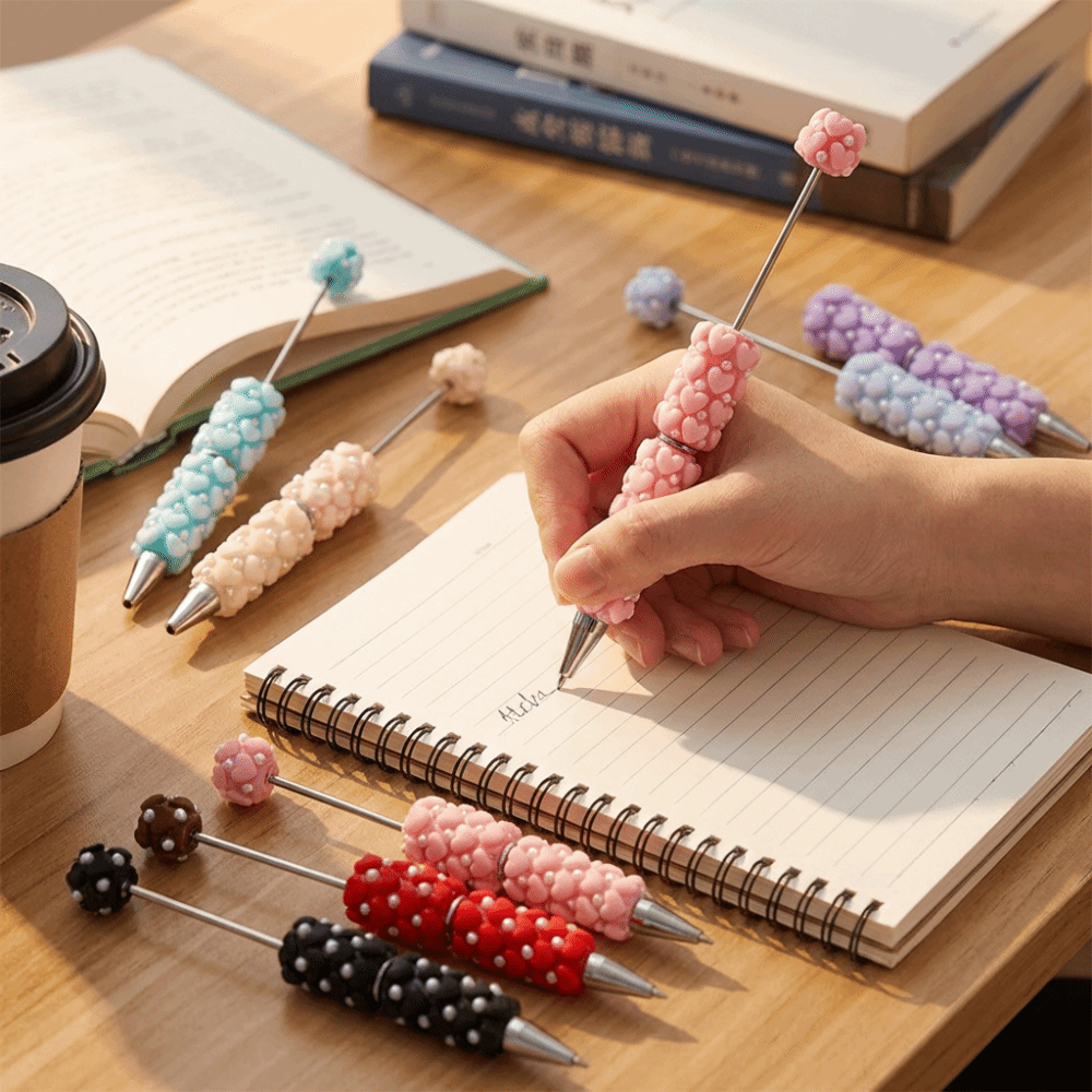 New Pearl DIY Clay Heart Bead Pen Full Diamond Smooth Writing Flocked Heart Beaded Pen Glitter Bead Black Ink Beaded Ballpoint Pen Stationery Supplies