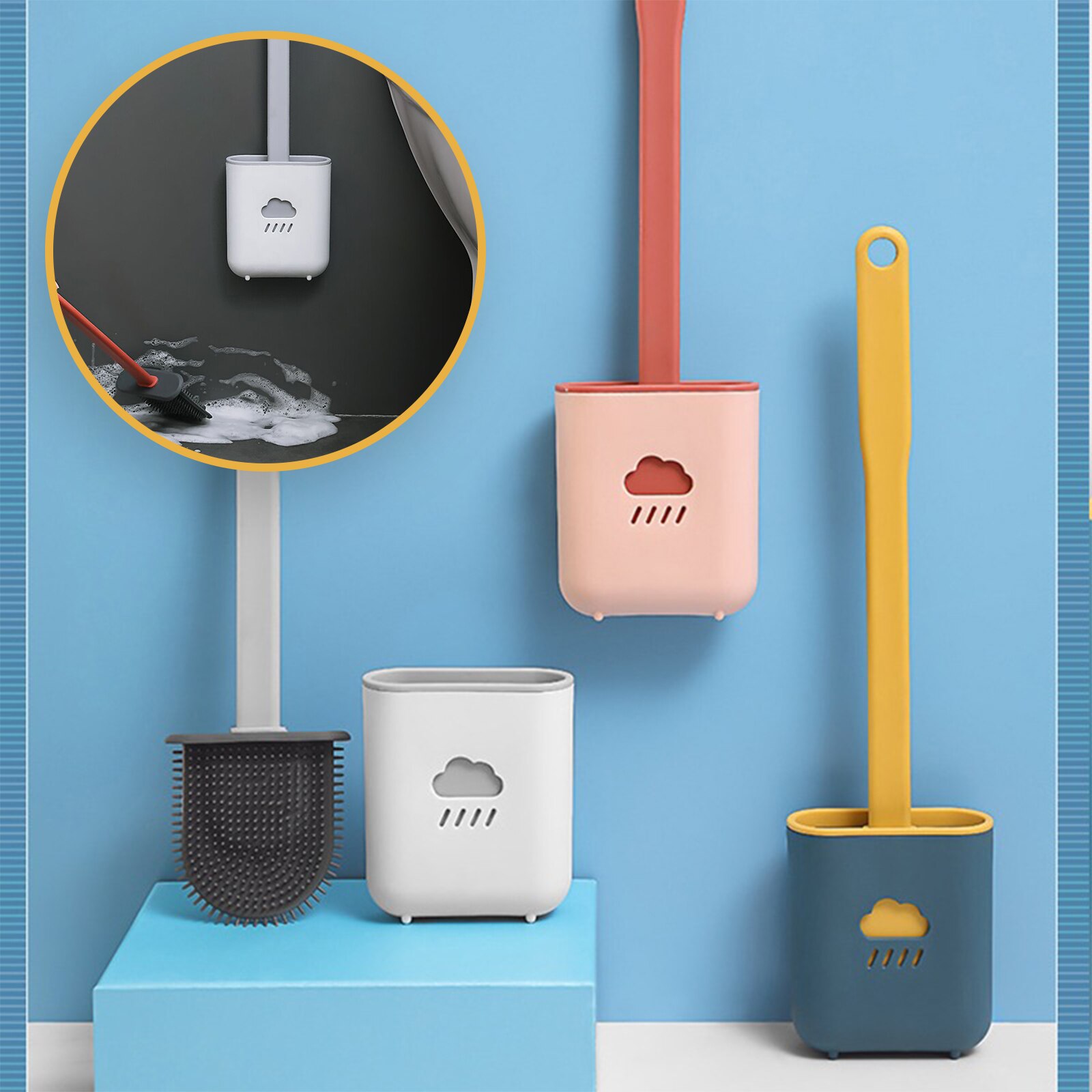 Breathable Toilet Brush Water Leak Proof With Base Silicone Wc Flat Head Flexible Soft Bristles Brush With Quick Drying Holder