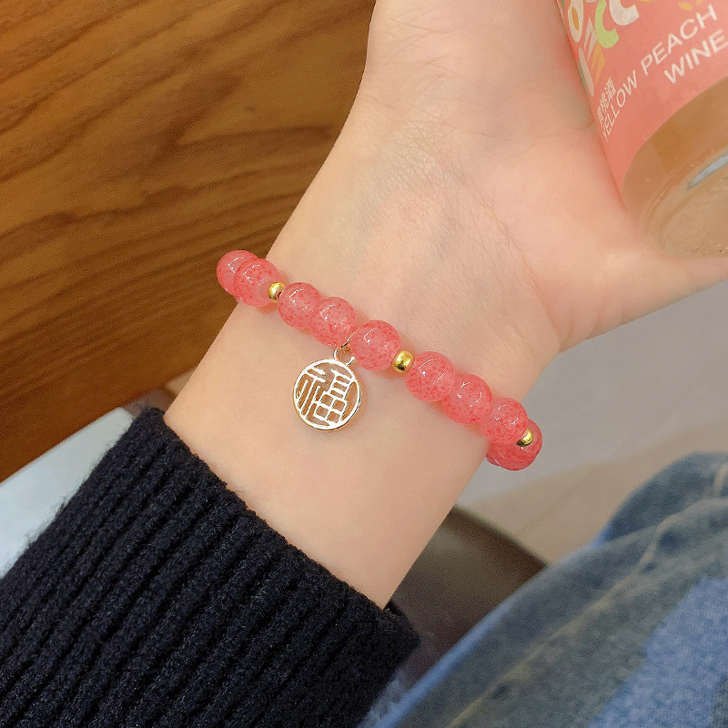 arrivals】Pink Strawberry Wafer Brand Fu Character Female Niche Design Sense Luxury All-match Crystal Bracelet Jewelry