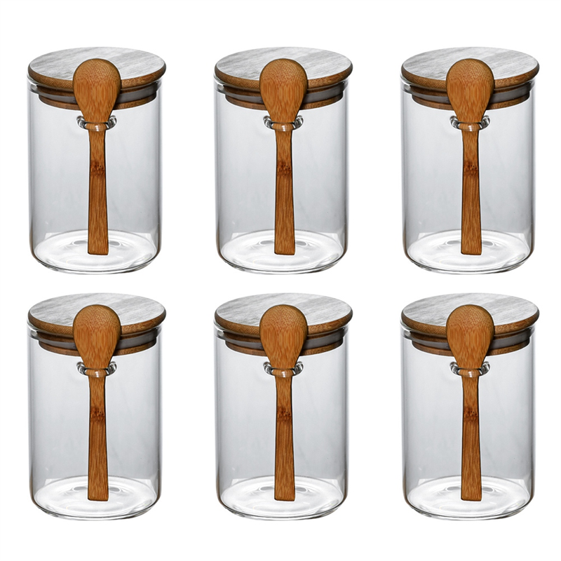 Clear Glass Bulk Food Storage Jars Candy Jar with Sealed Bamboo Lid and Spoon Round Kitchen Storage Jars
