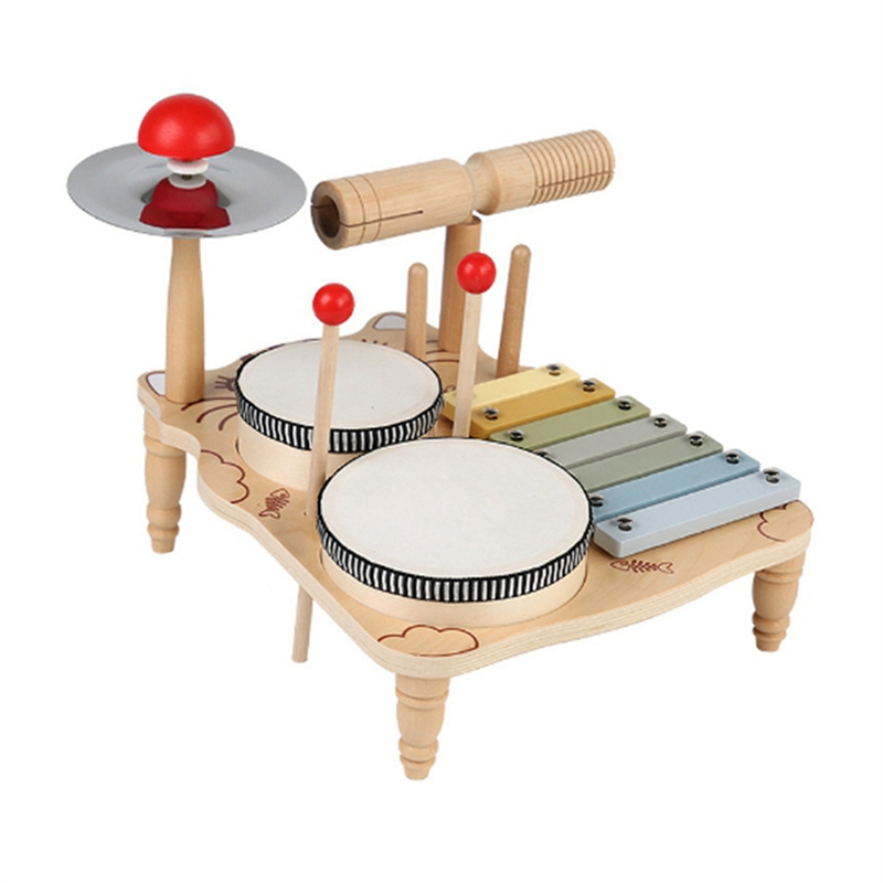 Kids Drum Set for Toddlers Wooden Early Education Beginner Percussion Music Table Children'S Drum Rack Set Easy Install Easy to Use
