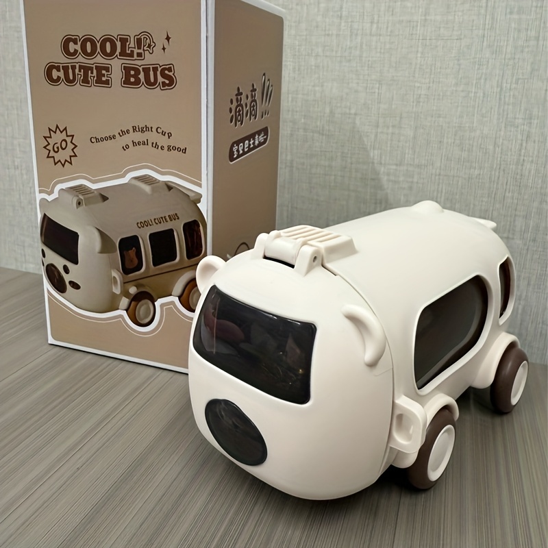 "Cool! Cute Bus" water bottle designed for kids, featuring a unique bus-shaped plastic design.