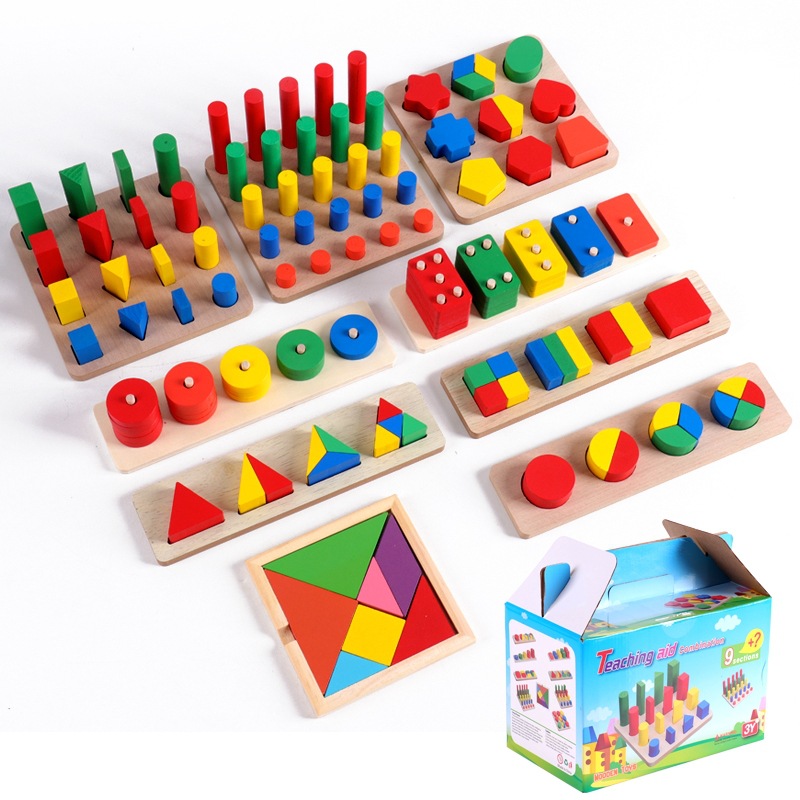 9-in-1 Wooden Geometric Shape Sorting Toy for Toddlers - Montessori Early Education, Stacking & Fraction Puzzle, Safe, Non-Toxic, Colorful & Durable