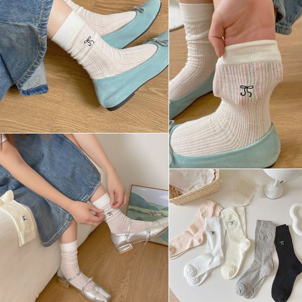 New Breathable Bowknot Socks Spring Summer Y2K Cotton Socks Thin Solid Color Long Socks