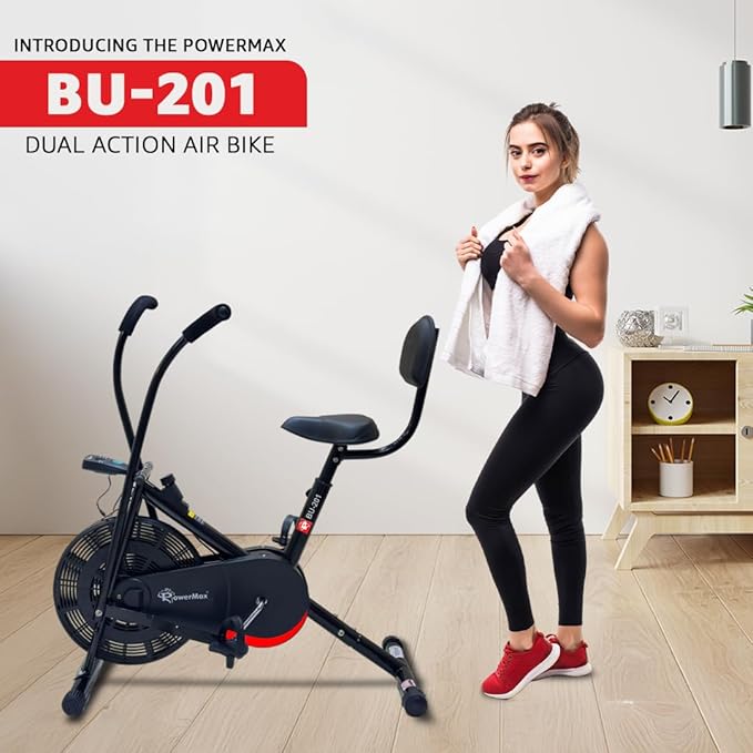 BODy GYM Dual Action Air Bike/Exercise Bike for Home |Gym Cycle for Workout With Adjustable Cushioned Seat | Non-Slip Pedals | Moving Handles Black Gym Bike, Max user weight 120 KG