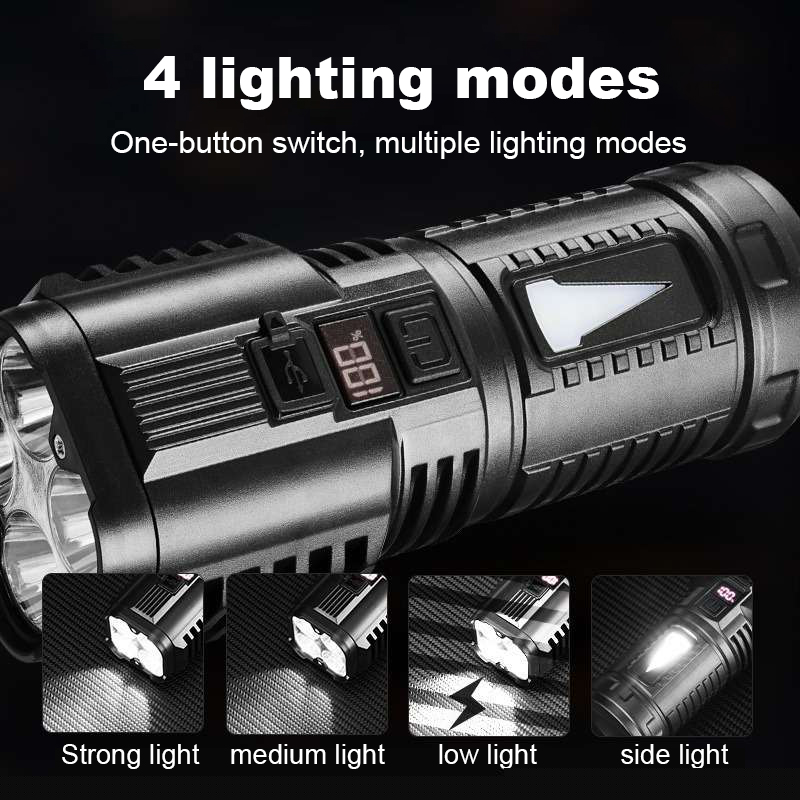2025 New 4 LED High Power Led Flashlight Super Bright COB Side Light High Power Rechargeable Flashlights Waterproof Outdoor Torch Light