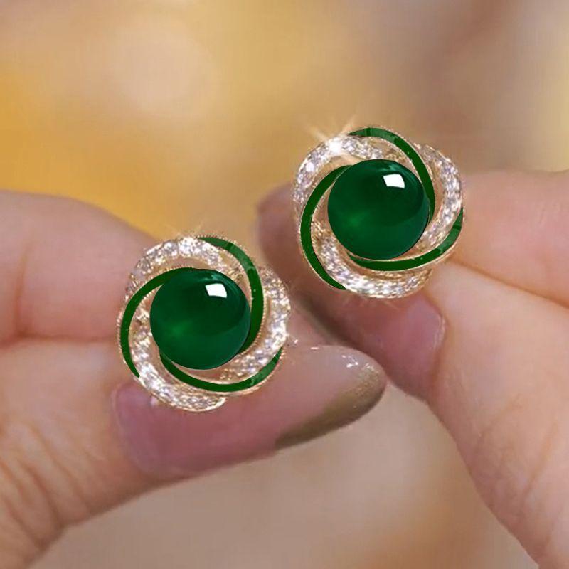 【New Arrivals】Vintage Green Ear Studs Exquisite Small 925 Silver Pin Ear High Fashion All-match Elegant Light Luxury Women's Elegant Earrings