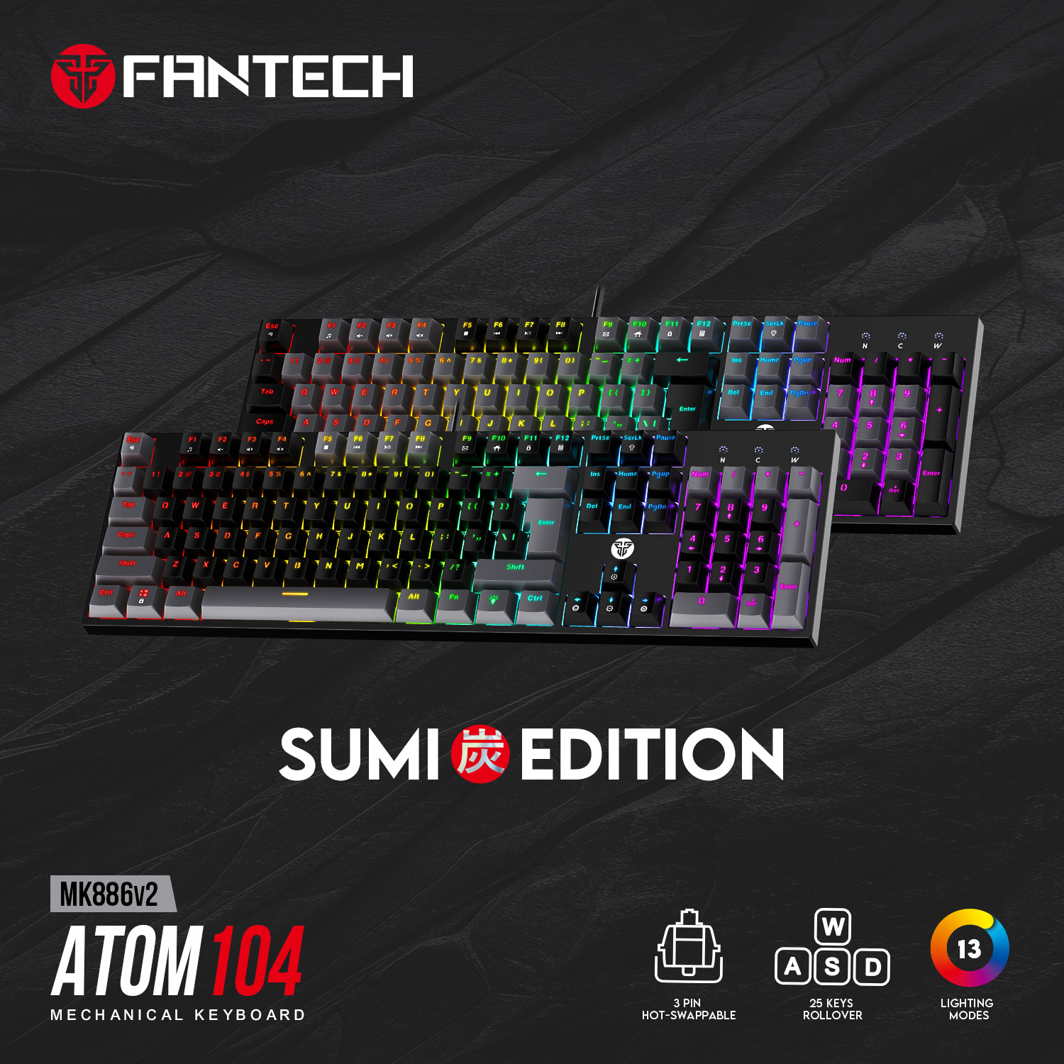 Fantech ATOM MK886V2 RGB Mechanical Gaming Keyboard, Full Size, 25-Key Rollover, 13 Color Lighting, Sumi Edition