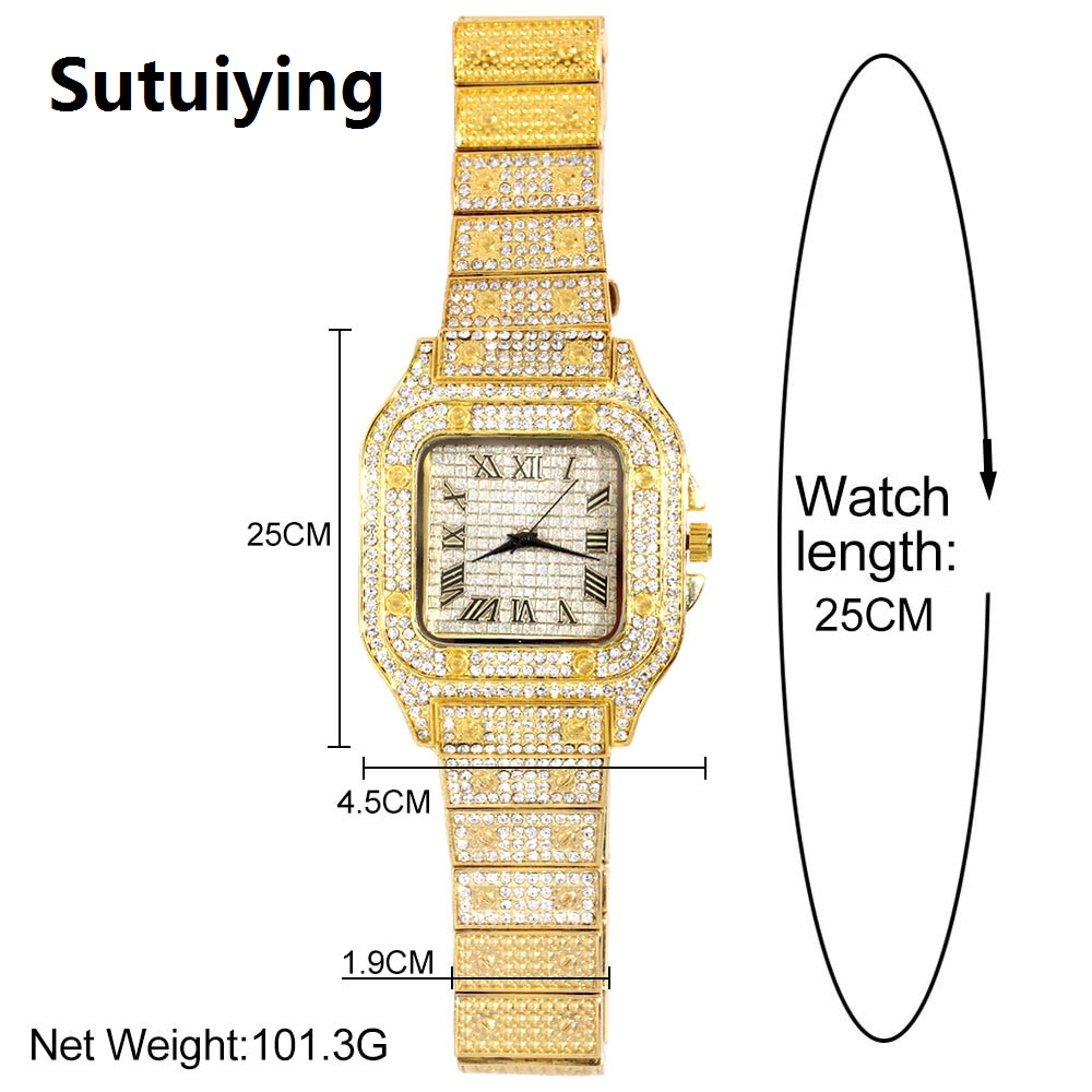 Sutuiying Fashion Full Iced Out Watches for Men Women Square Stainless Steel Luxury Rhinestones Quartz Square Watch Hip Hop Party Gift