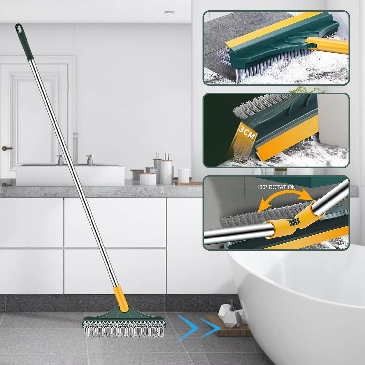 2-in-1 Bathroom Cleaning Brush with Floor Scrubber & Wiper | 120° Rotating Head, Long Handle for Easy Cleaning