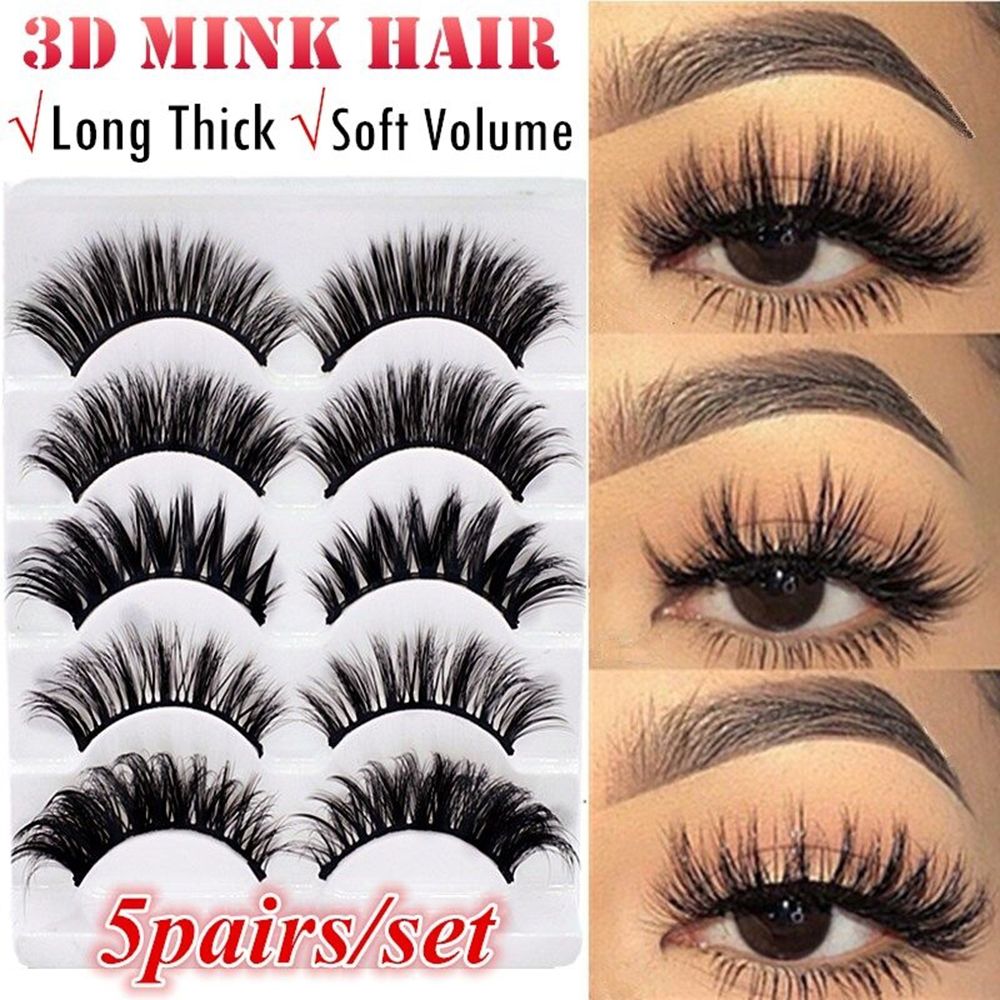 SKONHED 5 Pairs Reusable Wispy Fluffy Handmade Natural Long Thick Cross False Eyelashes 3D Faux Mink Hair