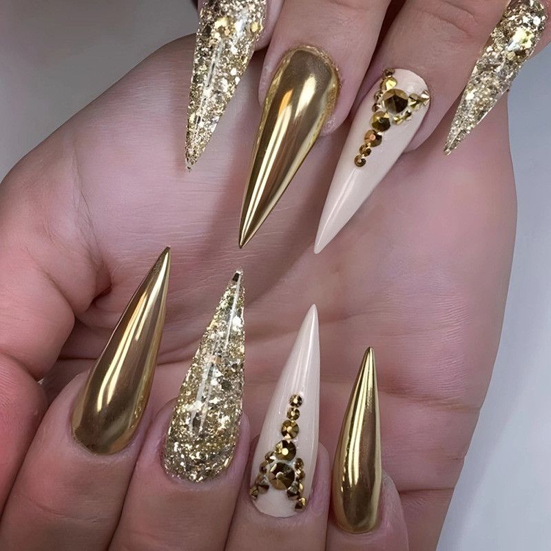 Enacolor 24Pcs Exquisite Zircon Crystal Gold Long Fake Nails with Glue DIY Art Design False Nails Wearable Nails Stylish Pattern Artificial Nails