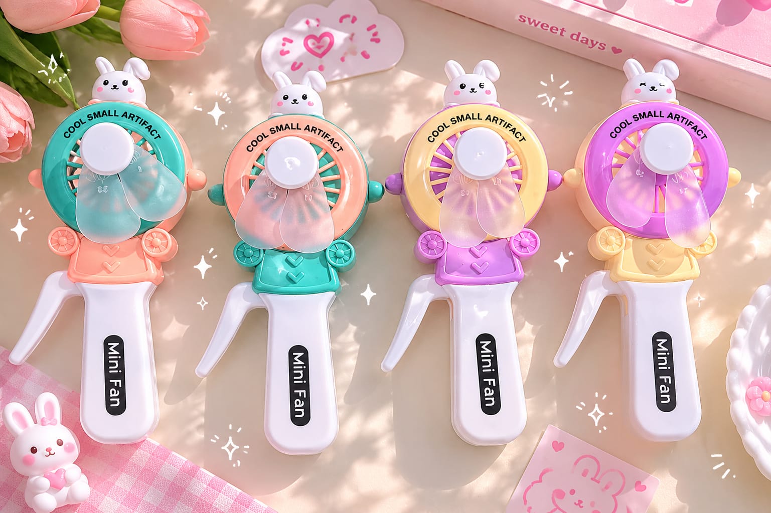 Cute Rabbit Hand Press Mini Fan - Portable Cooling Toy Fan for Kids & Students, Eco-Friendly Mechanical Handheld Fan No Battery Required, Pocket Cartoon Air Cooler for Summer Travel & School