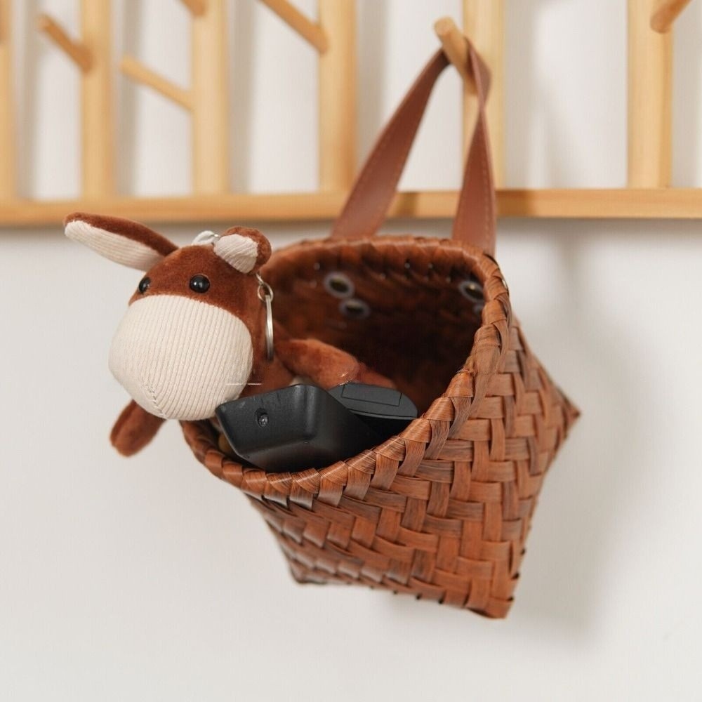 Portable Woven Rattan Vegetable Fruit Basket Rattan-Style PP Rattan Kitchen Storage Basket Wall Hanging Flower Pot Weaving Organizer Basket Home Decoration