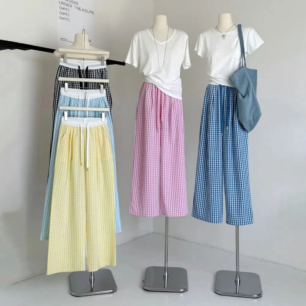 【Versatile】 Classic High Waist Straight Plaid Pants Casual Thin Y2K Drawstring Pants Baggy Trousers Stripe Wide Leg Loose Pants Women Girl