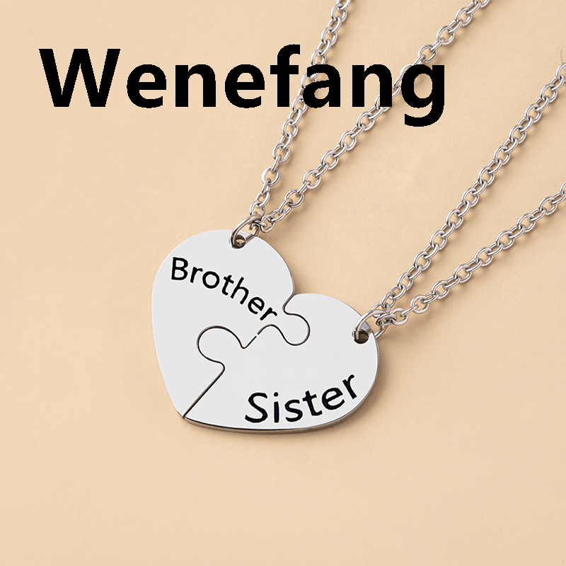 Wenefang 2 Pcs/Set Brother Sister Matching Necklace Stainless Steel Heart Puzzle Pendant Necklaces Family Jewelry Gifts