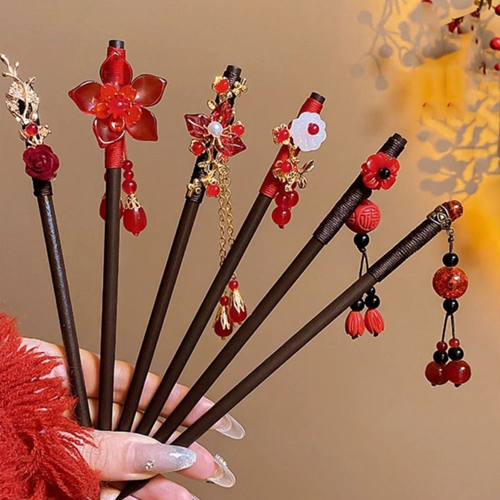 Antique Flower Wooden Hair Stick Tassel New Year Hanfu Hairpin Red Hanfu Headwear For Girl
