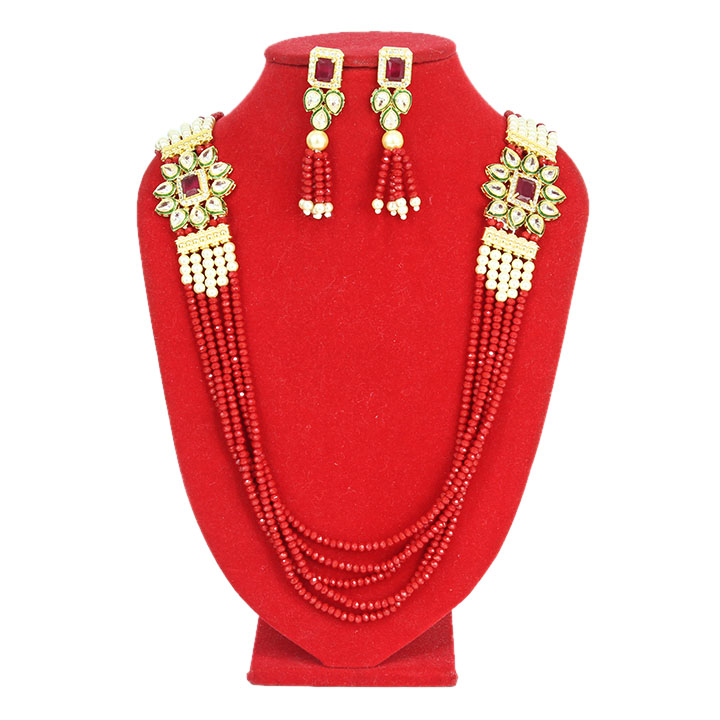 Red Beads and Kundan Mala Set with Earrings For women