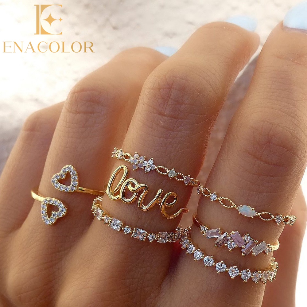 Enacolor 7Pcs/Set Elegant en Heart Love Set Rings Luxury Zircon Metal Ring Jewelry Accessories for Women New