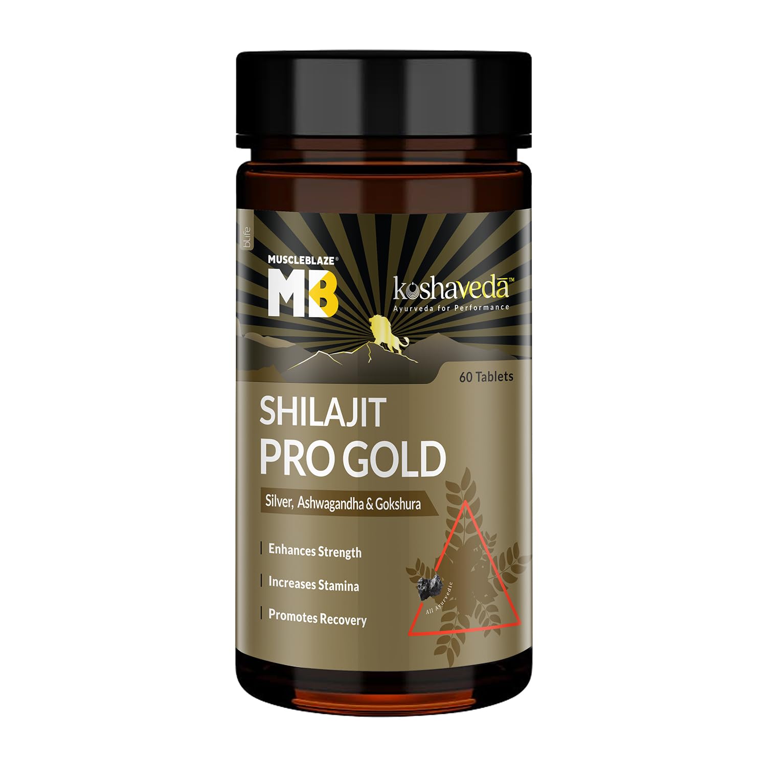 MuscleBlaze Shilajit Pro Gold 60 Capsules with 500mg Shilajit Fortified with 24 Carat Gold Ashwagandha & Gokshura, For Strength Stamina & Recovery