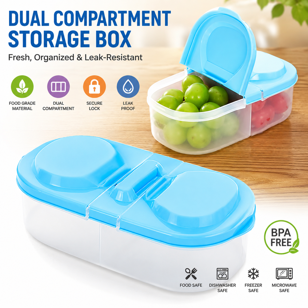2 Way Lunch Box Portable Lunch Box Grid Plastic Food Storage Boxes Travel Outdoor Box Multi-Function