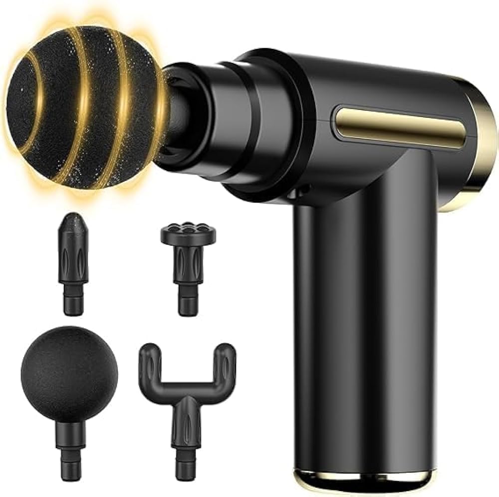 Mini Massage Gun - Deep Tissue Handheld Massager for Full Body Pain Relief - Small & Powerful, 6 Speeds, 4 Heads, Rechargeable for Men & Women (Gun Massager)