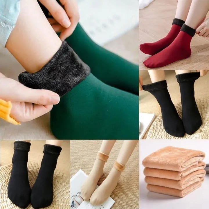 Pack Of 12 (6 Pairs) Women Velvet Fur Inside Winter Socks Multicolor