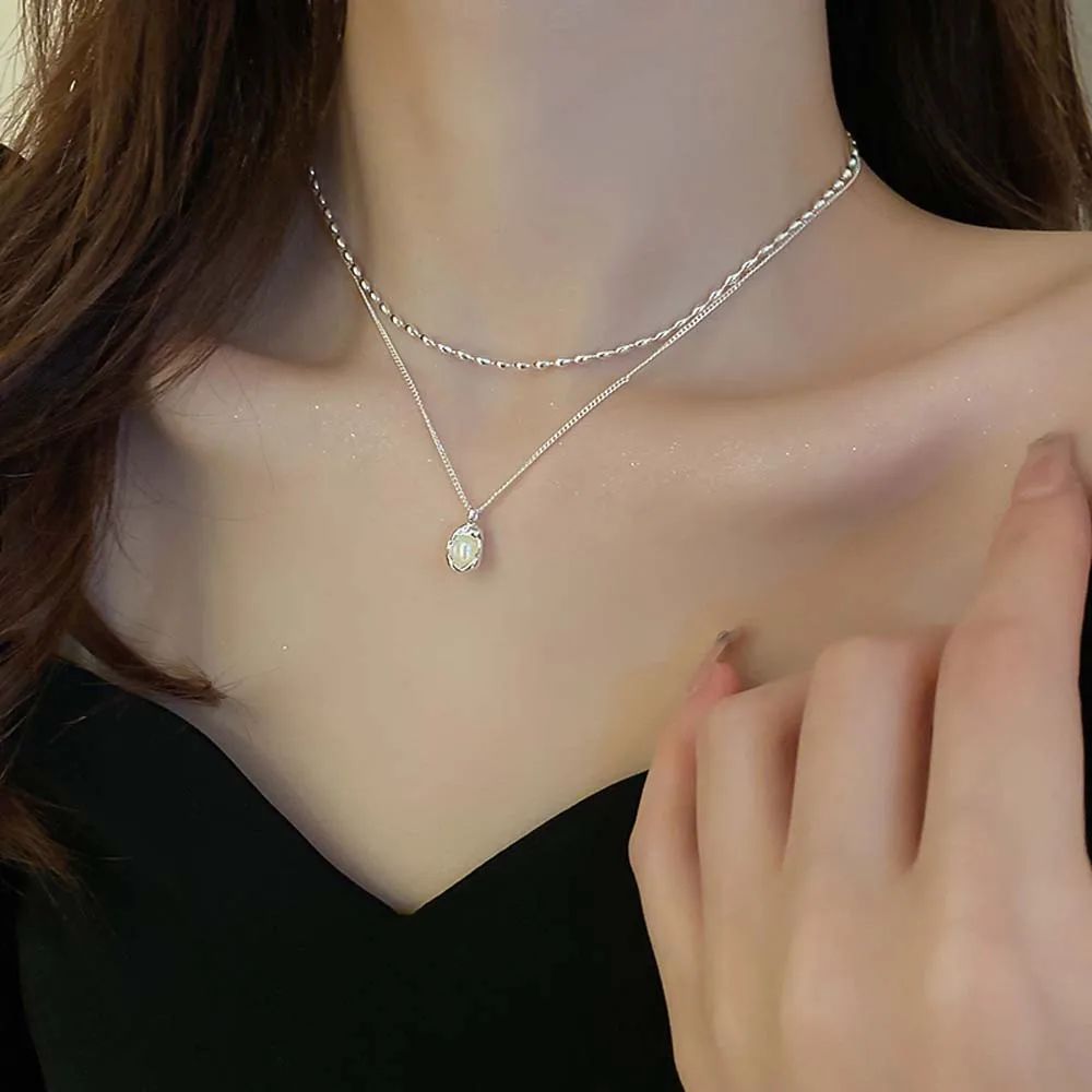 Women’s Elegant Double Layer Necklace - Silver Irregular Chain with Pearl Pendant | Premium 2025 Fashion
