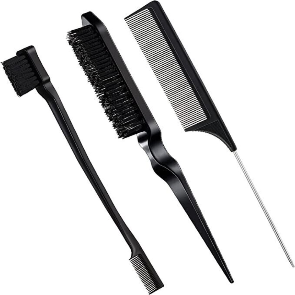 3Pcs Slicking Hair Brush Rat Tail Comb for Edge Back Grooming Slick Brush Set Teasing Brush Bristle Hair Brush
