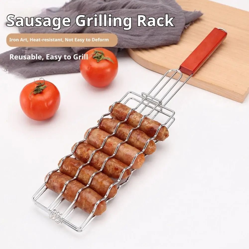 1Pcs New Wooden Handle Hot Dog Grill Metal Heat Resistant Handle Grill Basket Non Stick Expandable Sausage Grill Cage Outdoor BBQ Accessory