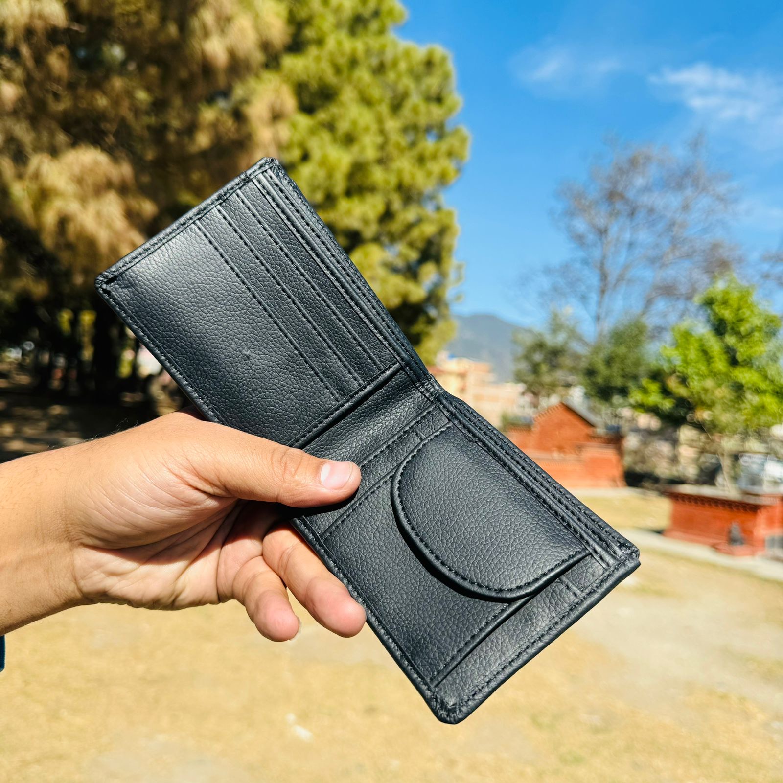 Black Color Genuine Leather Plain Design Buttom wallet For Men