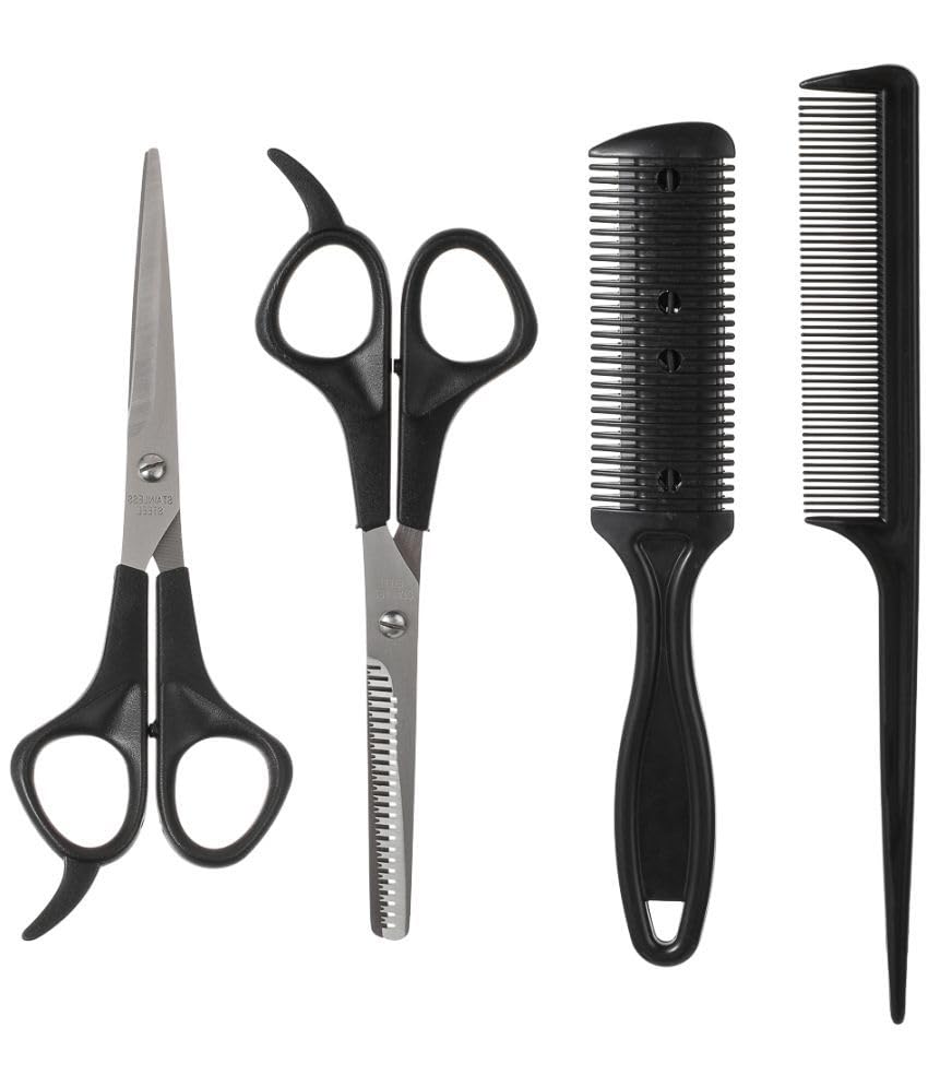 Professional Hair Cutting Scissors Combo, Razor Comb, Tail Comb Set (4 pcs)