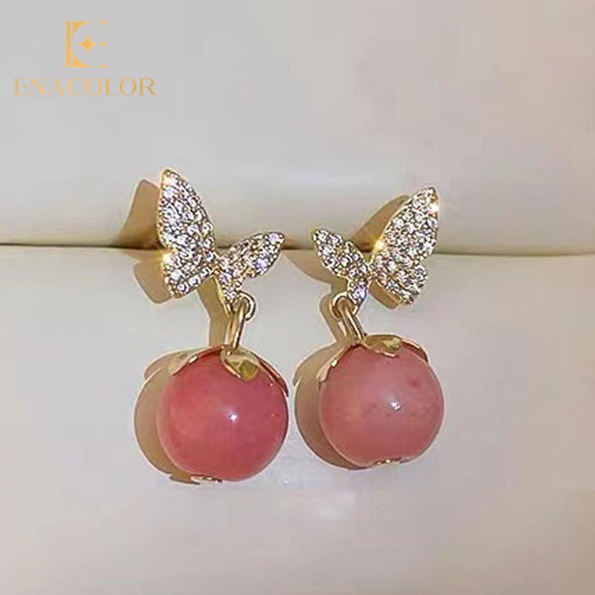 Pink Girl Ins Exquisite Crystal Opal Butterfly Earrings for New Accessories Luxury Jewelry
